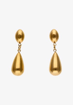 Goldene Ohrhänger mit glatten, polierten Oberflächen; jedes hat eine kleinere ovale Form, die durch Verbindungsringe mit einer größeren Tropfenform verbunden ist.