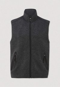 Grau Fleece-Weste mit hohem Kragen, vertikalem Frontreißverschluss und zwei seitlichen Reißverschlusstaschen. Sauberes Design, weiche Textur und ohne Ärmel.