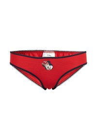 Ropa interior roja para mujeres con borde de encaje negro y una pequeña cara de Minnie Mouse con un lazo rojo estampada en el centro del frente.