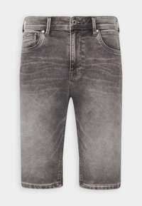 Miestne šedé umyte denimové šortky s predným gombíkom a zipsom, pútka na opasok a predné a mincovné vrecká.