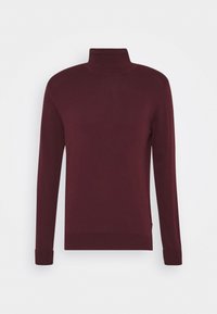 Pull à col roulé bordeaux à manches longues, fabriqué à partir d'un tissu lisse. Il présente un col ajusté et des poignets côtelés aux extrémités des manches.