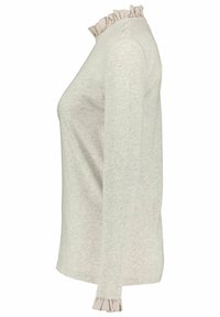 Light gray long-sleeve top made of soft fabric, featuring a ruffled neckline and cuffs, with a fitted shape and smooth texture.