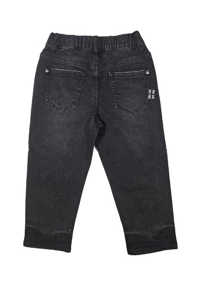 Zwarte denim capri broek met elastische tailleband, voorzien van twee achterzakken en een klein Union Jack-embleem op de rechterzak.