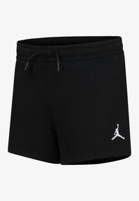 Fekete sportnadrág, puha anyagból készült, elasztikus derékrésszel és zsinórral, az oldalon fehér Air Jordan logóval.