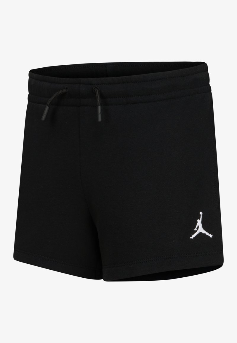 Fekete sportnadrág, puha anyagból készült, elasztikus derékrésszel és zsinórral, az oldalon fehér Air Jordan logóval.
