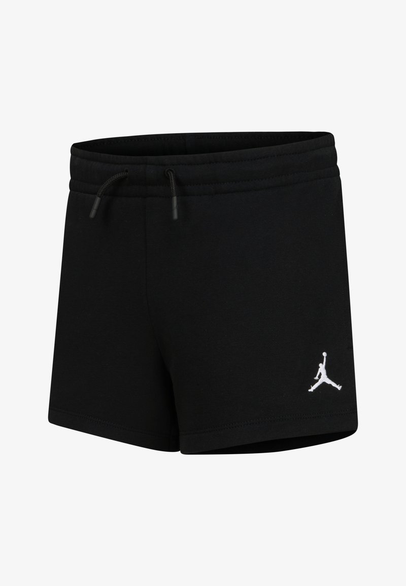 Juodi sportiniai šortai, pagaminti iš minkštos medžiagos, su elastine juosta ir raišteliu bei baltu Air Jordan logotipu šone.