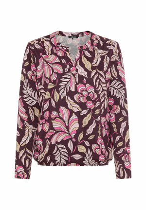 Long-sleeve shirt featuring a dark purple background with pink and beige floral patterns. Soft fabric with a rounded neckline and relaxed fit.