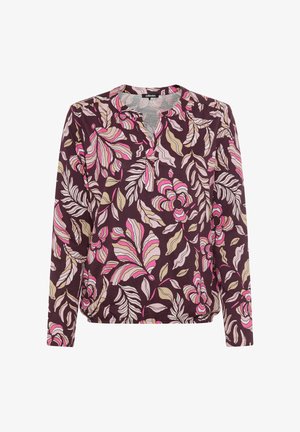 Langärmeliges Hemd mit dunkelviolettem Hintergrund und rosa sowie beigen Blumenmustern. Weicher Stoff mit rundem Ausschnitt und legerer Passform.
