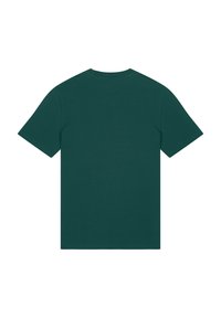 T-shirt en coton vert foncé avec des manches courtes et un col rond ; couleur unie, texture lisse, sans motifs ni dessins visibles.