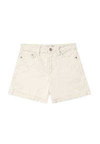 Pantalones cortos de mezclilla color beige claro con una cintura alta, dos bolsillos frontales y un bolsillo trasero. La tela tiene una textura suave con un mínimo de costuras.