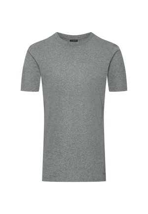 Graues, kurzärmliges T-Shirt aus weichem Stoff mit Rundhalsausschnitt. Verfügt über eine dezente Textur und ein Logo auf der unteren linken Seite.