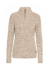 Beige gestrickter Pullover mit hohem Kragen und einem halben Reißverschluss. Hat ein strukturiertes Muster und ein kleines Markenschild an der Seite.