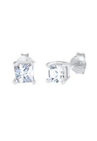 Quadratische Steckerohrringe mit klaren Zirkonia-Steinen, gefasst in poliertem Sterling-Silber. Verfügt über vier Krappenfassungen und ein klassisches Design.