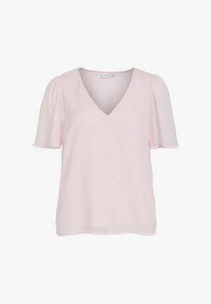 Blusa rosa chiaro con scollo a V e maniche corte a sbuffo in tessuto fluido e semi-trasparente.