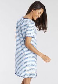 Blue and white striped nightdress with short sleeves, ruffled edges, and a relaxed fit, made of soft cotton material.