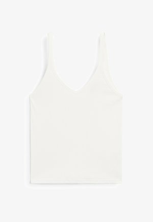 White ribbed tank top with a deep V-neckline and thin straps. Features a smooth texture and a fitted design.