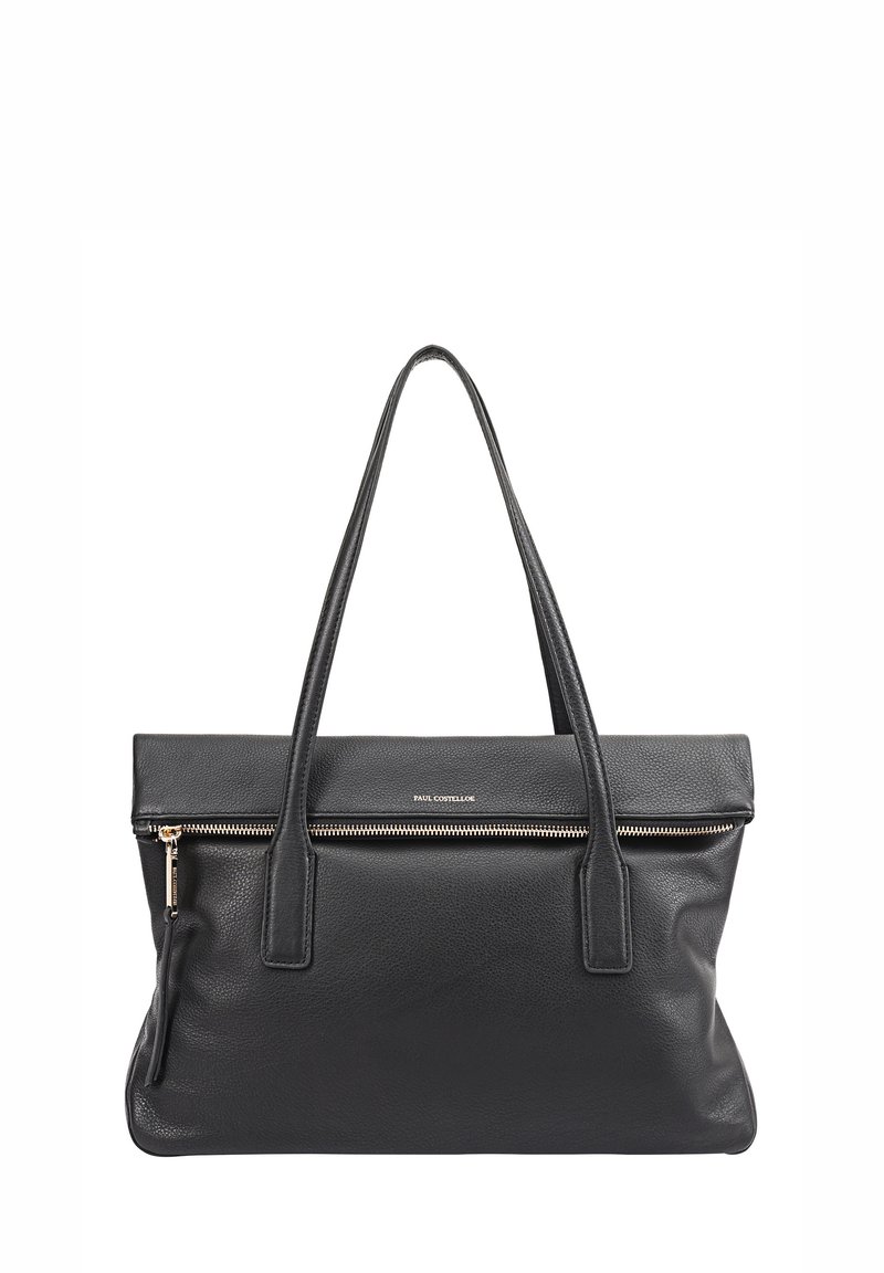 Sac fourre-tout en cuir noir avec un dessus plat, deux poignées, poche zippée à l'avant et texture grainée subtile, avec un zip et un logo en ton doré.