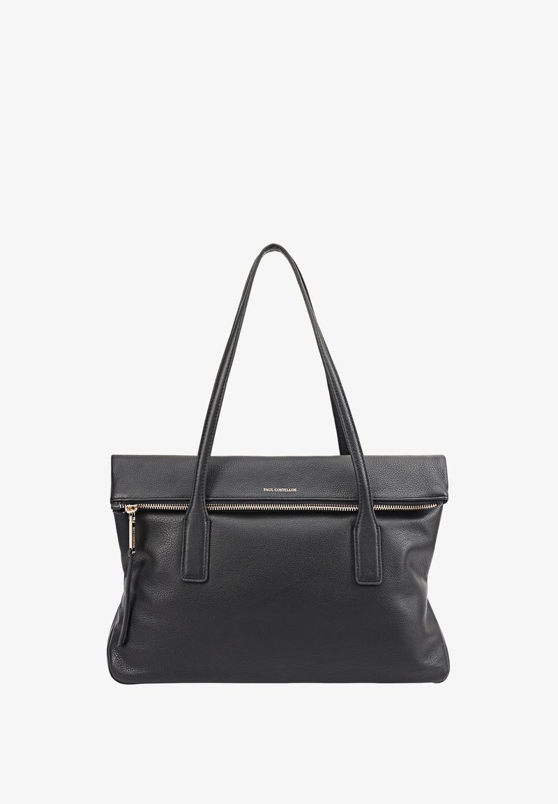 Sac fourre-tout en cuir noir avec un dessus plat, deux poignées, poche zippée à l'avant et texture grainée subtile, avec un zip et un logo en ton doré.