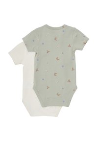 Två kortärmade bodysuits: en ljusgrön med färgglada mönster av havsdjur och snäckor, och en enfärgad off-white, tillverkad av mjuk bomull.