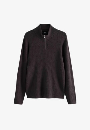 Tmavohnedý pulóver so stojačikom a zipsom dĺžky štvrtiny. Má textúrovaný diamantový vzor po celom povrchu. Dlhé rukávy.