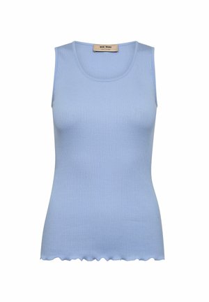 Light blue ribbed tank top with a scoop neckline and scalloped hem. Made from a soft, stretchy material. Brand label located at the neck.