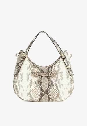 Hobo handbag in textured snake print with gray and white colors. Features gold-tone hardware and adjustable shoulder straps.