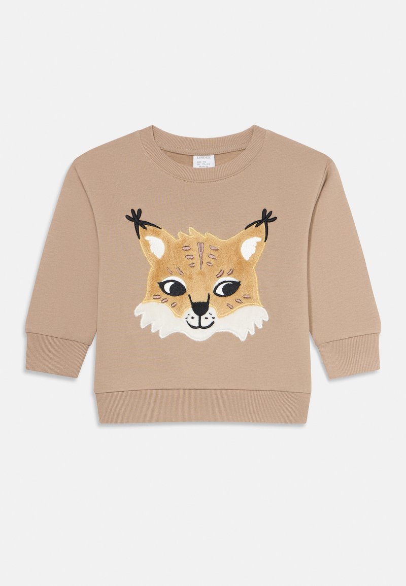 Beige long-sleeve toddler sweatshirt with a large embroidered cartoon lynx face on the front.
