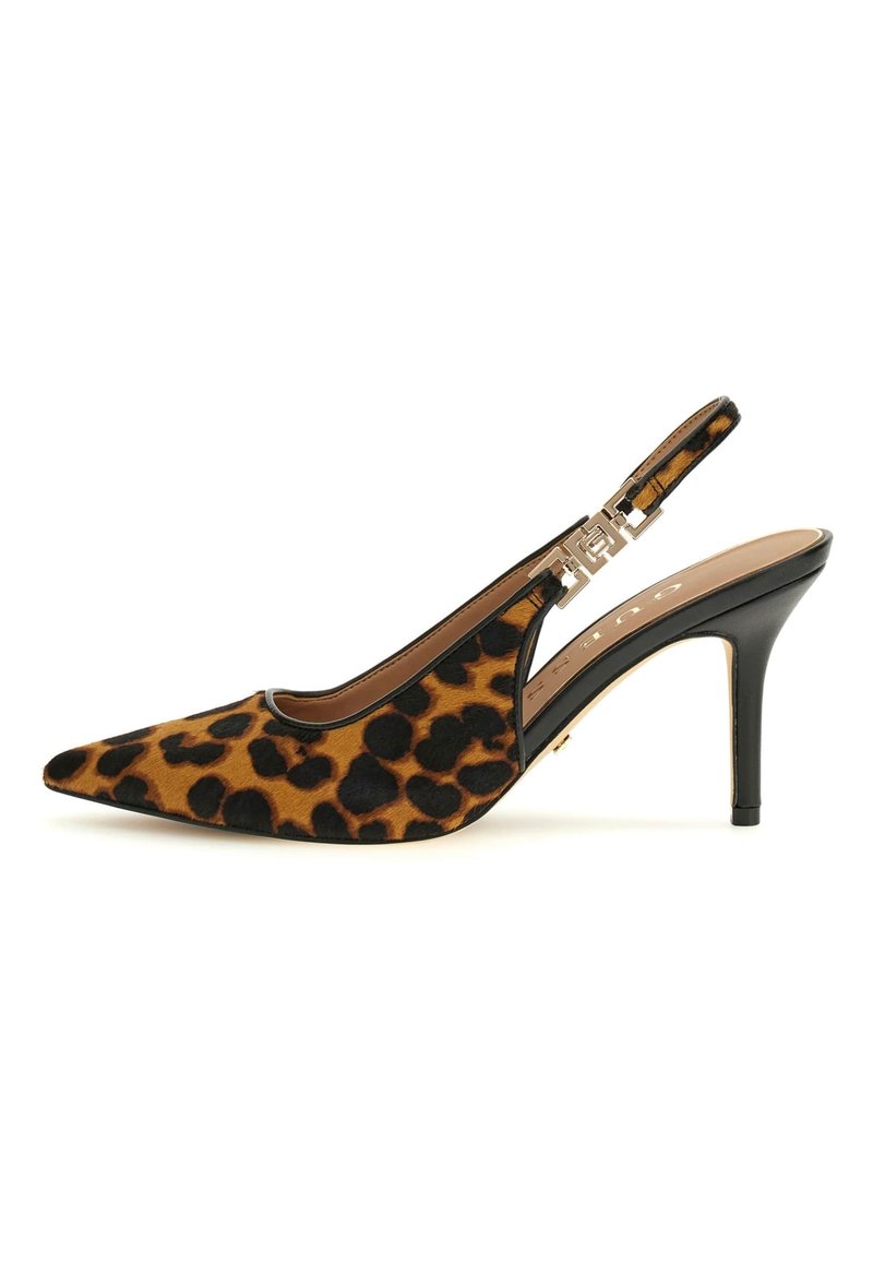 Leopardimustriga slingback-kingad, terava ninaga, tekstureeritud valevue pealmine osa, mustad aktsendid ja kitsas stiletto konts. Hõbedased detailid.
