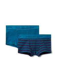 Dva páry pánských boxerky, jeden jednofarebný v tmavě modré barvě a jeden námořnický s tyrkysovými pruhy, oba s páskem "United Colors of Benetton".