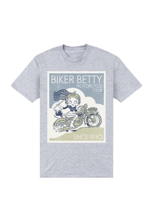 Szara koszulka z grafiką postaci z kreskówki na motocyklu, z napisem "Biker Betty Motorcycle Club Since 1930" w niebieskim i kremowym kolorze.