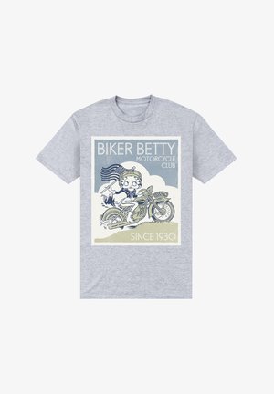 Grå t-shirt med grafik af en tegneseriekarakter på en motorcykel, med teksten "Biker Betty Motorcycle Club Siden 1930" i blå og creme.