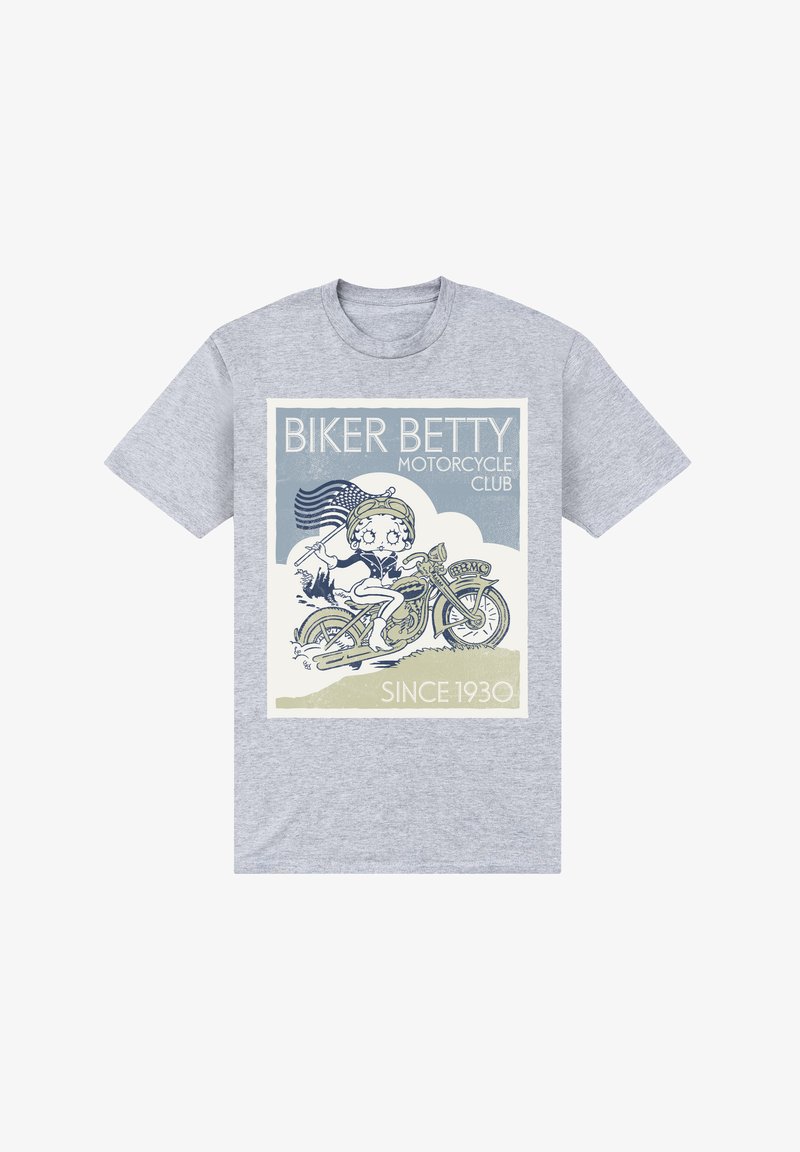 Szara koszulka z grafiką postaci z kreskówki na motocyklu, z napisem "Biker Betty Motorcycle Club Since 1930" w niebieskim i kremowym kolorze.