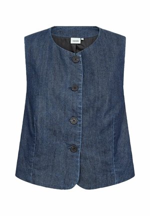 Ujjatlan sötétkék farmer mellény, kerek nyakkivágással és négy fekete gombbal elöl, Wasabi Concept címkével.