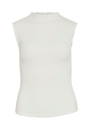 Biała bezrękawnikowa bluzka z wysokim dekoltem, teksturowana tkanina i subtelnym, pofalowanym wzorem, dopasowany krój oraz czysta, gładka obręcz.