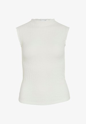White sleeveless top with a high neck, textured fabric, and a subtle wrinkled pattern, fitted silhouette, and a clean, smooth hem.