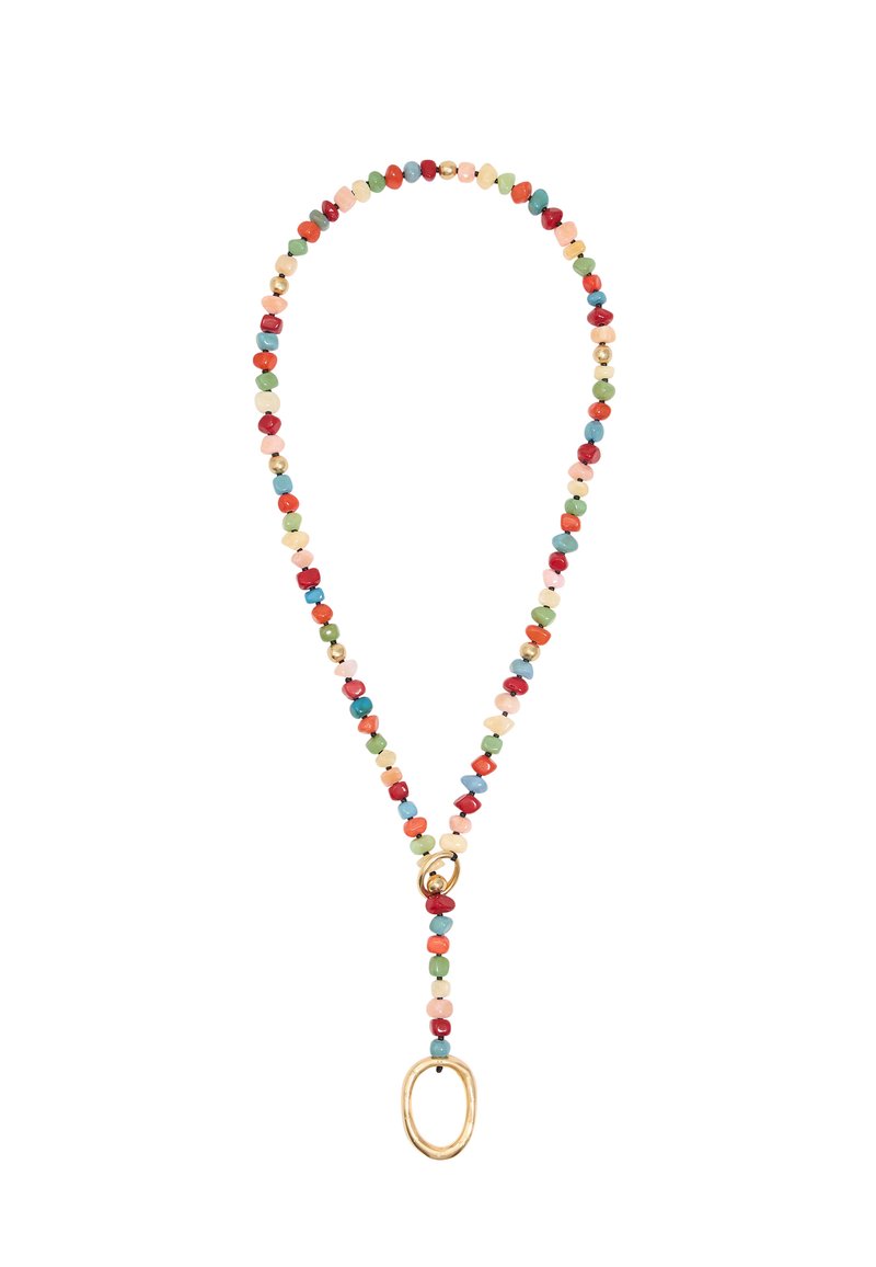 Colorful beaded necklace with assorted small round and oval beads in red, blue, green, and cream, featuring a gold oval clasp detail.