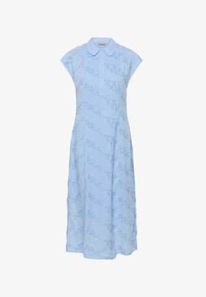 Hellblaues ärmelloses Midikleid mit floralem Muster, durchgeknöpftem Vorderteil und rundem Kragen.