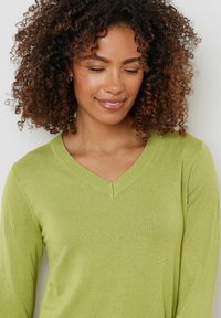 Sweter z dekoltem w kształcie litery V, z długimi rękawami w jasnym zielonym kolorze, wykonany z miękkiego, teksturowanego materiału. Posiada ściągacze przy mankietach i u dołu. Model prezentuje luźny krój.