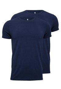 Navy blue cotton t-shirts, crew neck, short sleeves, regular fit. Smooth texture with a plain design, featuring a small tag near the neck.