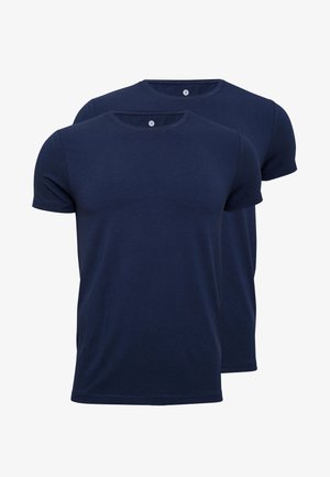 Navy blue cotton t-shirts, crew neck, short sleeves, regular fit. Smooth texture with a plain design, featuring a small tag near the neck.