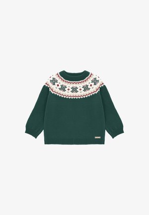 Suéter de punto verde con un canesú blanco estampado y acentos en rojo y verde, puños y dobladillo acanalados. Etiqueta en el lado inferior derecho.