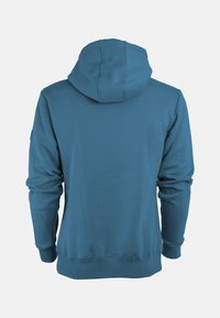 Felpa blu con cappuccio e cordini, polsini e orlo a coste. Tessuto liscio, con dettaglio di cucitura sul retro e senza loghi visibili.