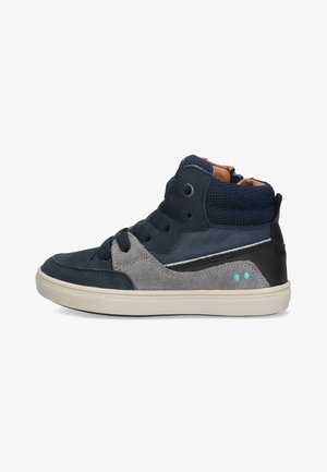 Navy and grey high-top sneakers made of suede and mesh, featuring round laces, a rubber sole, and subtle teal accents on the side.
