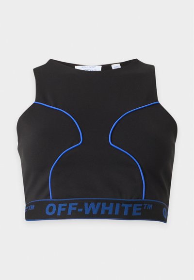 Μαύρο cropped tank top με μπλε λεπτομέρειες ραφών και το λογότυπο "OFF-WHITE" στη χαμηλή ελαστική ταινία σε απλό λευκό φόντο.