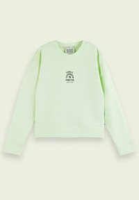 Felpa corta verde chiaro con maniche lunghe, scollo rotondo e testo stampato nero "TODAY'S TOMORROW FOREVER" sul davanti. Texture morbida.