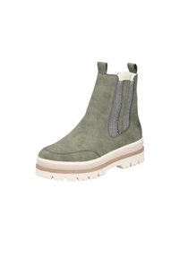Bottines en daim vert avec des panneaux latéraux élastiques, semelles blanches et un accent texturé gris. Dotées de tirettes pour un enfilage facilité.