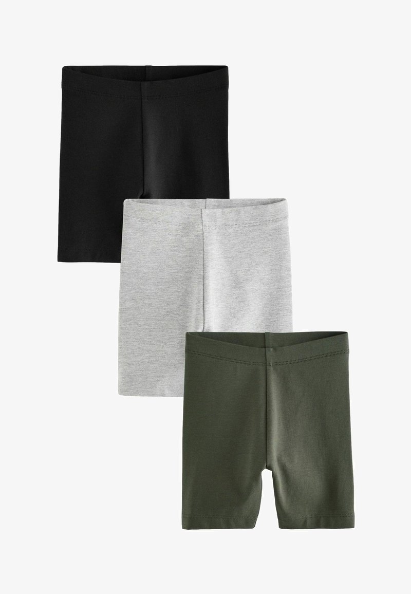 Tre paia di pantaloni shorts elasticizzati in nero, grigio e verde oliva, realizzati in una morbida miscela di cotone, con vita elastica e design aderente.