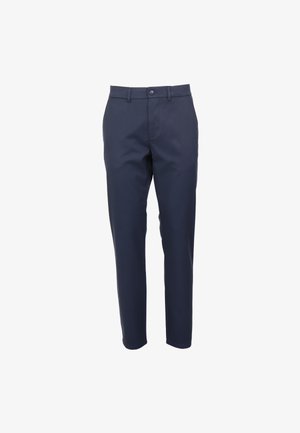 Pantalones azul marino de tela ligera, con un diseño de corte recto, cierre de botón y bolsillos, con una textura suave.