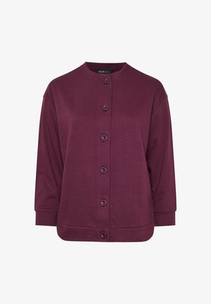Cardigan borgogna con scollatura rotonda, chiusura frontale con bottoni e maniche a tre quarti. Realizzato in tessuto morbido con una texture liscia.