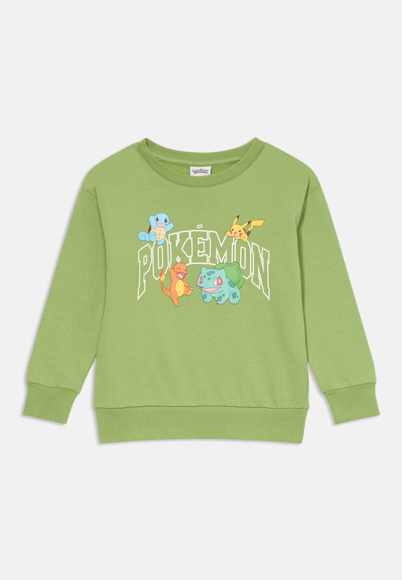 Felpa verde con una grafica di quattro Pokémon: Squirtle, Charmander, Pikachu e Bulbasaur, con testo bianco che recita "POKÉMON."
